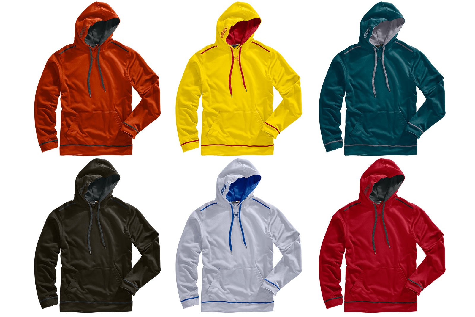 Colorways example - six hoodies with a range of colors alternates