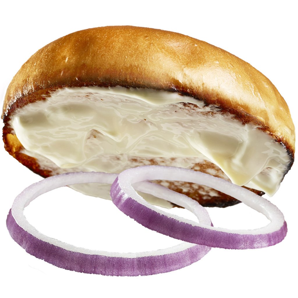 Burger bun with mayo and onions